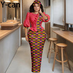 Elegant African Skirt Set – Lantern Sleeve Ruffled Top, Slim Skirt & Matching Headwrap - Free Delivery Worldwide only at Flexi Africa