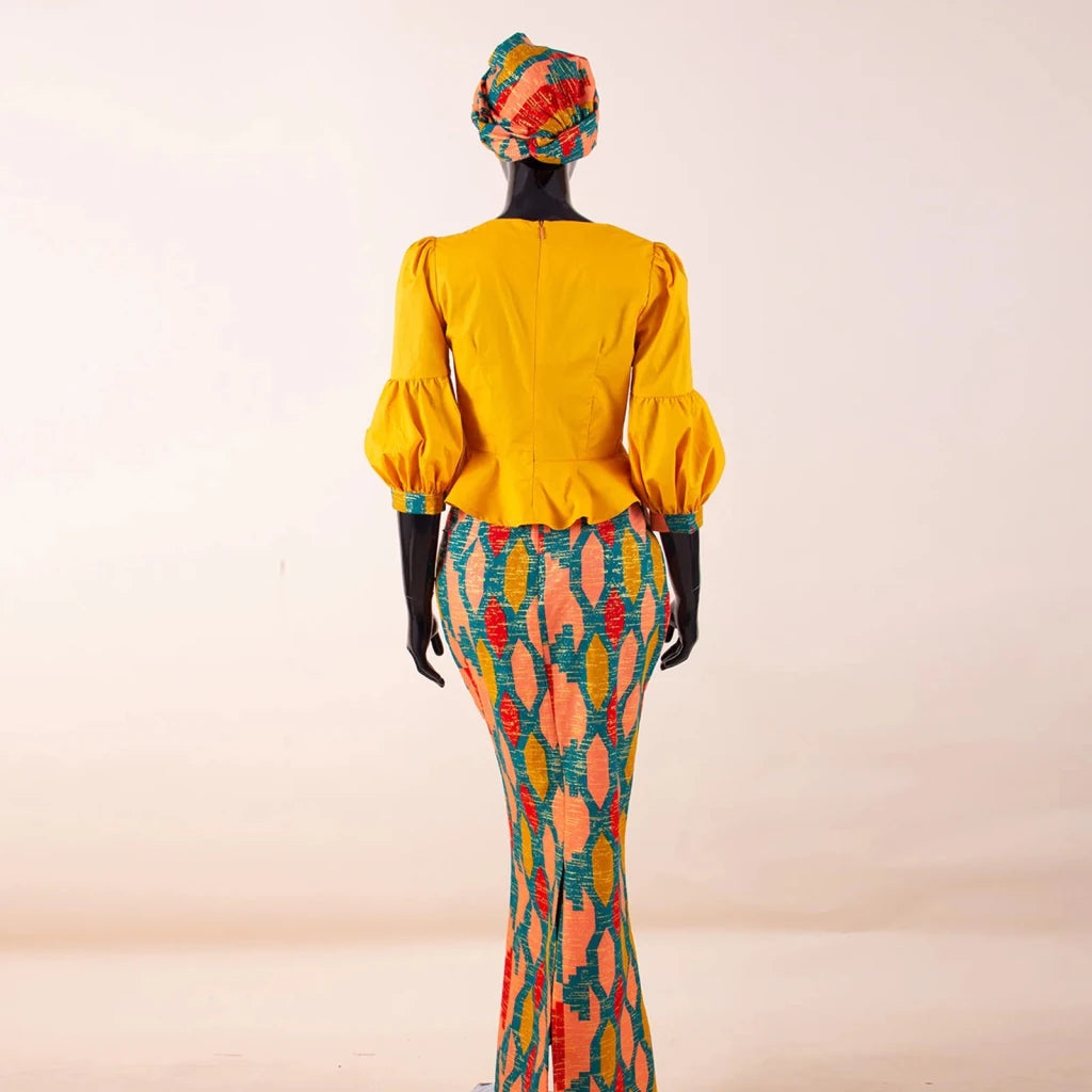 Elegant African Skirt Set – Lantern Sleeve Ruffled Top, Slim Skirt & Matching Headwrap - Free Delivery Worldwide only at Flexi Africa