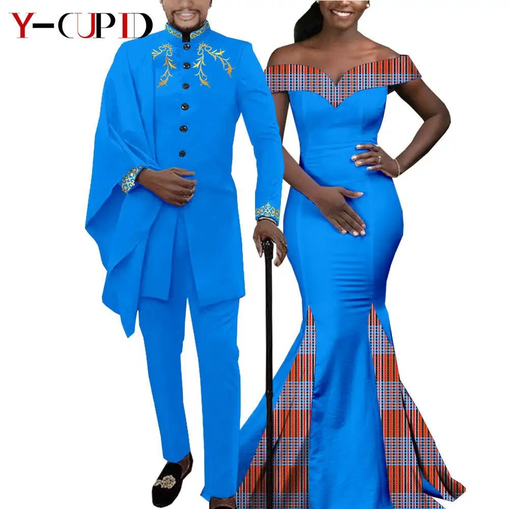 Elegant African Wedding Couple Outfits – Women's Slim Fit Mermaid Dress & Men's Bazin Riche Jacket Pant Set with Hat - Free Delivery Worldwide only at Flexi Africa
