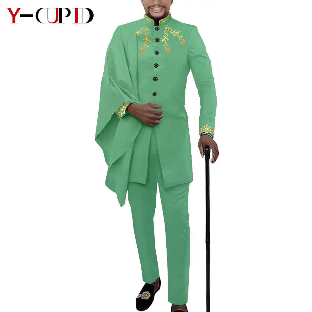 Elegant African Wedding Couple Outfits – Women's Slim Fit Mermaid Dress & Men's Bazin Riche Jacket Pant Set with Hat - Free Delivery Worldwide only at Flexi Africa