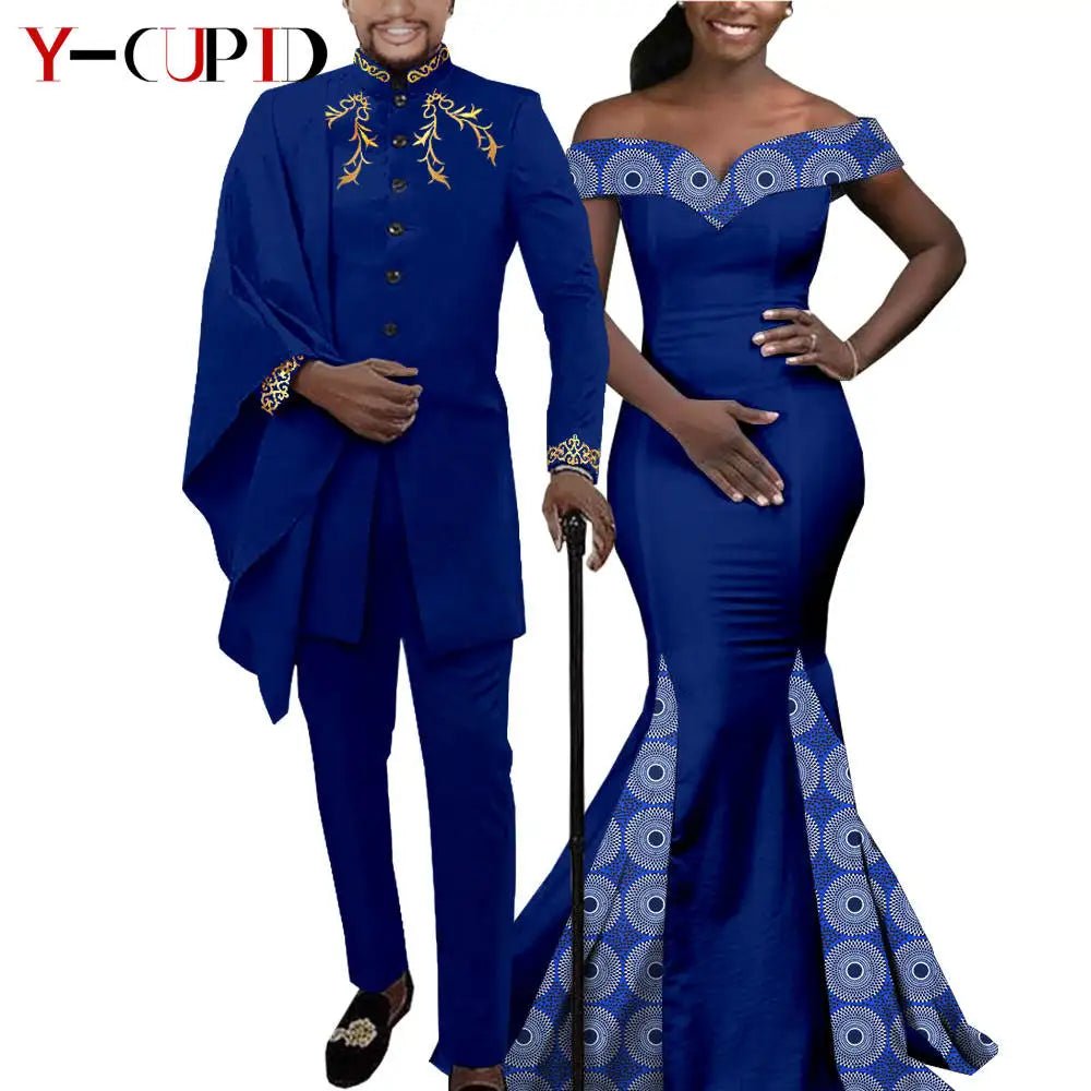 Elegant African Wedding Couple Outfits – Women's Slim Fit Mermaid Dress & Men's Bazin Riche Jacket Pant Set with Hat - Free Delivery Worldwide only at Flexi Africa