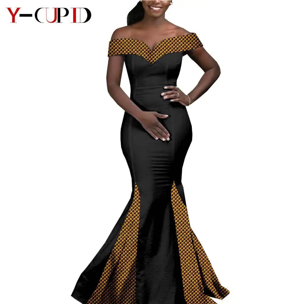 Elegant African Wedding Couple Outfits – Women's Slim Fit Mermaid Dress & Men's Bazin Riche Jacket Pant Set with Hat - Free Delivery Worldwide only at Flexi Africa