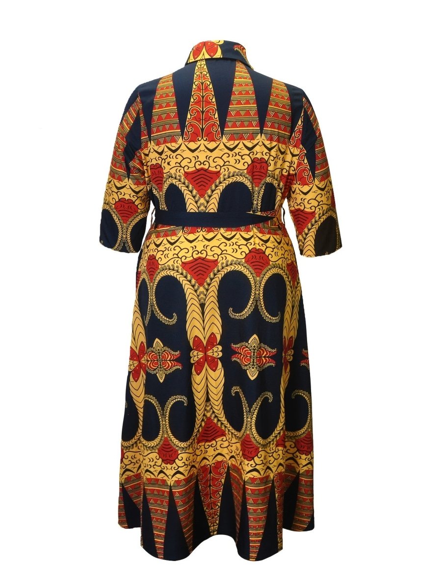 Elegant Geometric Print Midi Dress with Belt - Casual Chic, Button - Up Collar, Non - Stretch Polyester Fabric, Machine Washable - Free Delivery Worldwide only at Flexi Africa