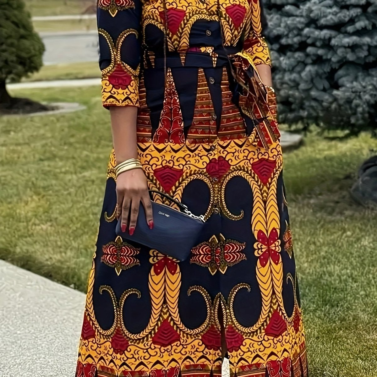 Elegant Geometric Print Midi Dress with Belt - Casual Chic, Button - Up Collar, Non - Stretch Polyester Fabric, Machine Washable - Free Delivery Worldwide only at Flexi Africa