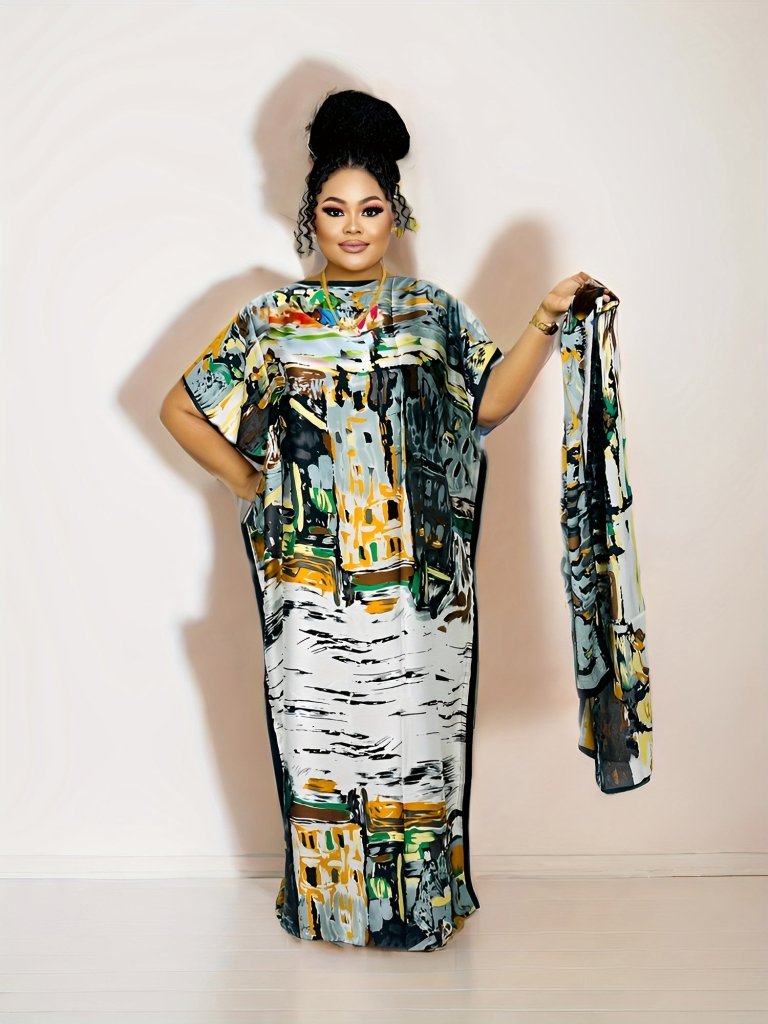 Elegant Plus Size Abstract Kaftan Maxi Dress – Flowy Batwing Sleeves & Timeless Chic - Free Delivery Worldwide only at Flexi Africa