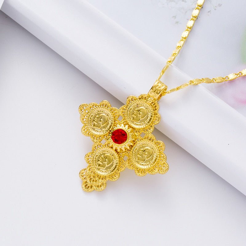 Ethiopian Cross Coin Pendant: Gold Colored Wedding Jewelry with Cultural Significance - Flexi Africa Free Delivery Worldwide