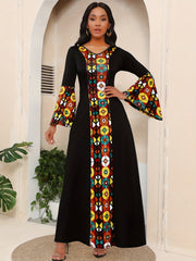 Ethnic Print Splicing Dress, Elegant Flared Sleeve V - Neck Maxi Dress - Free Delivery Worldwide only at Flexi Africa