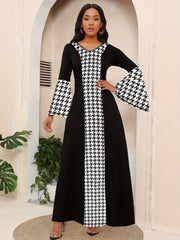 Ethnic Print Splicing Dress, Elegant Flared Sleeve V - Neck Maxi Dress - Free Delivery Worldwide only at Flexi Africa