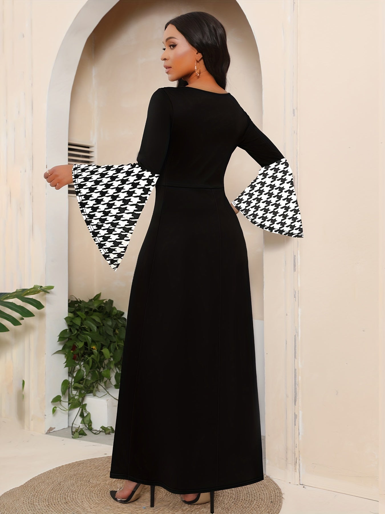 Ethnic Print Splicing Dress, Elegant Flared Sleeve V - Neck Maxi Dress - Free Delivery Worldwide only at Flexi Africa