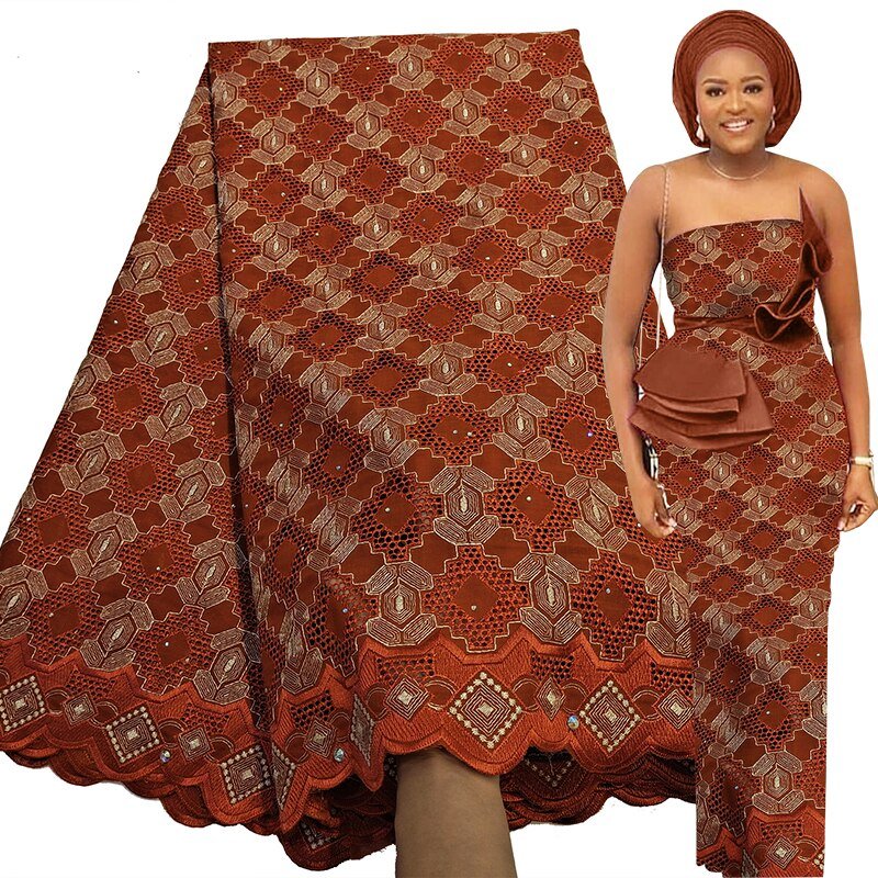 Exquisite Nigerian Party Stone Embroidery Gown: Fashion's 100% Cotton Voile Lace Fabric 2.5 Yards - Flexi Africa