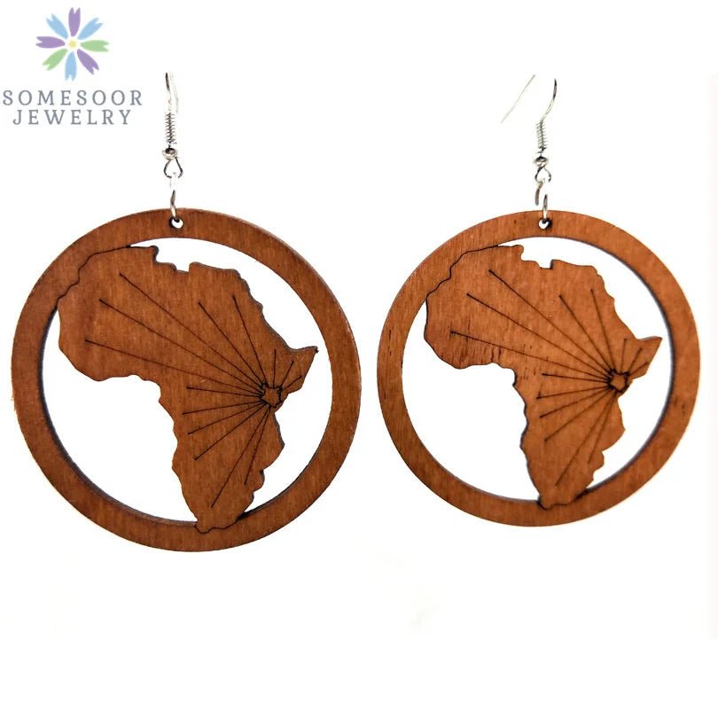 Fashion Laser-Cut Wooden African Map Drop Earrings: Traditional Ethnic Pendant Dangle Jewelry for Women - Flexi Africa