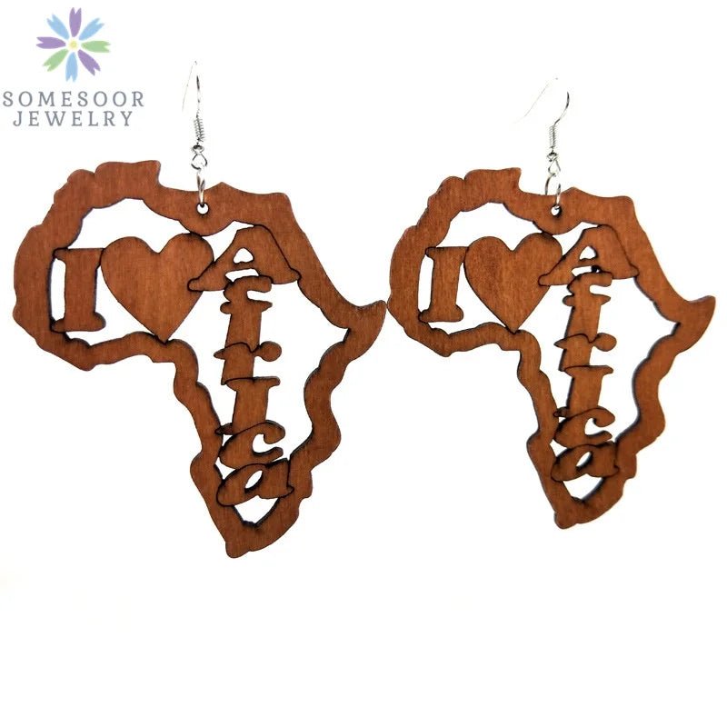 Fashion Laser-Cut Wooden African Map Drop Earrings: Traditional Ethnic Pendant Dangle Jewelry for Women - Flexi Africa