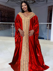 Nigerian Ankara Wedding Dress – Red Embroidery Bazin Riche Robe for African Women