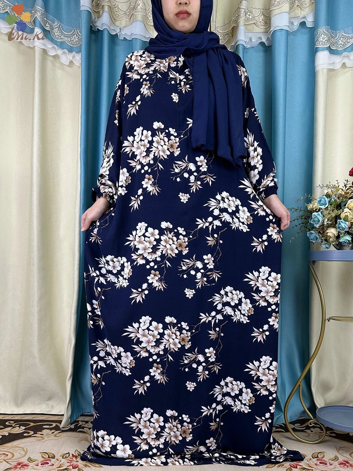 Floral Elegance: New African Abaya Dress with Turban Joint - Loose-Fit Muslim Rayon - Flexi Africa - www.flexiafrica.com