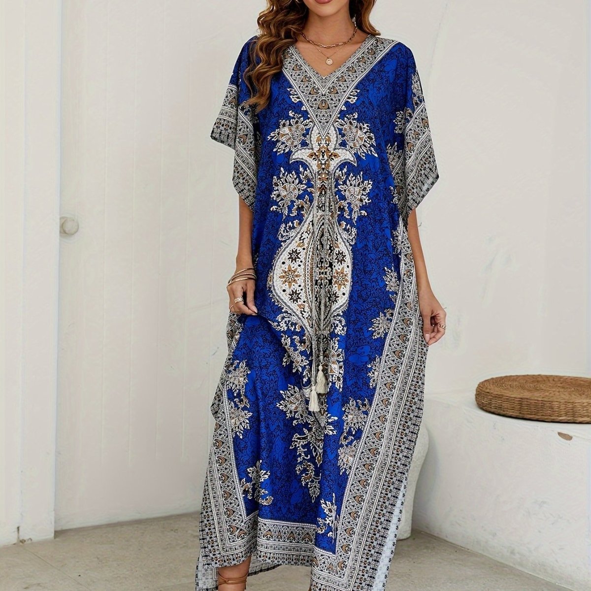 Floral Print V Neck Side Split Cover Up Dress, Batwing Sleeve Boho Maxi Beach Kaftan - Free Delivery Worldwide only