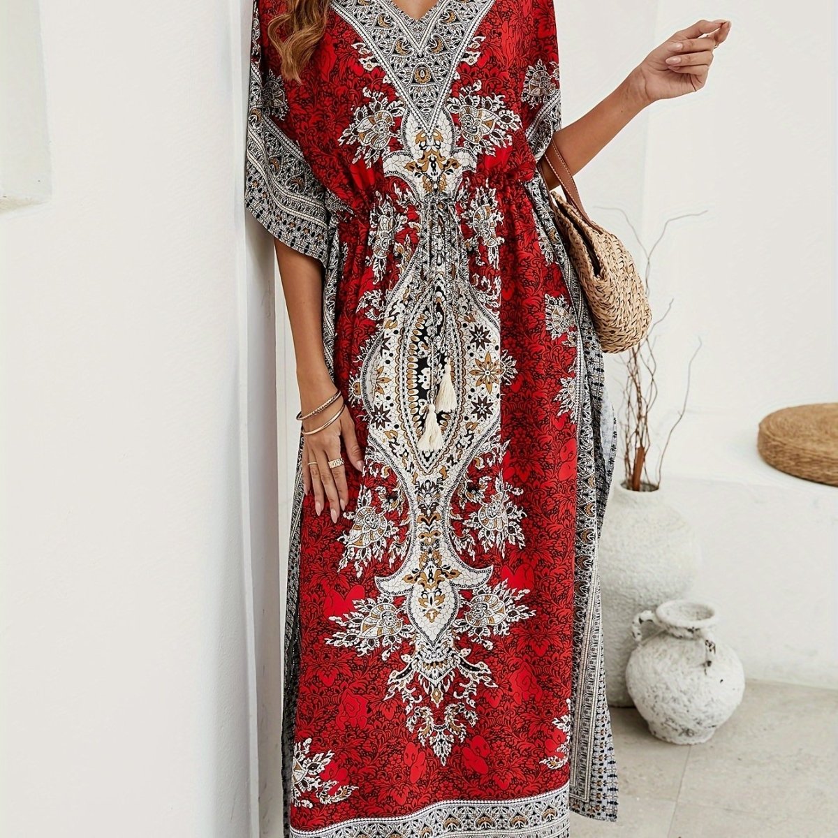 Floral Print V Neck Side Split Cover Up Dress, Batwing Sleeve Boho Maxi Beach Kaftan - Free Delivery Worldwide only