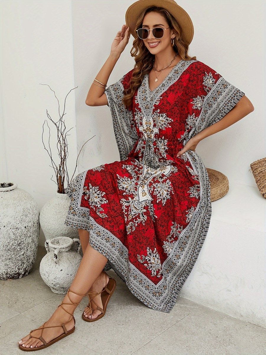 Floral Print V Neck Side Split Cover Up Dress, Batwing Sleeve Boho Maxi Beach Kaftan - Free Delivery Worldwide only