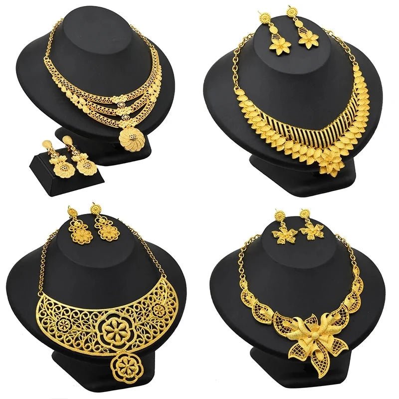 Gold-Plated Jewelry Set: Exquisite 24K Gold-Colored Necklace and Earrings for African Bridal Wear at Nigerian Wedding