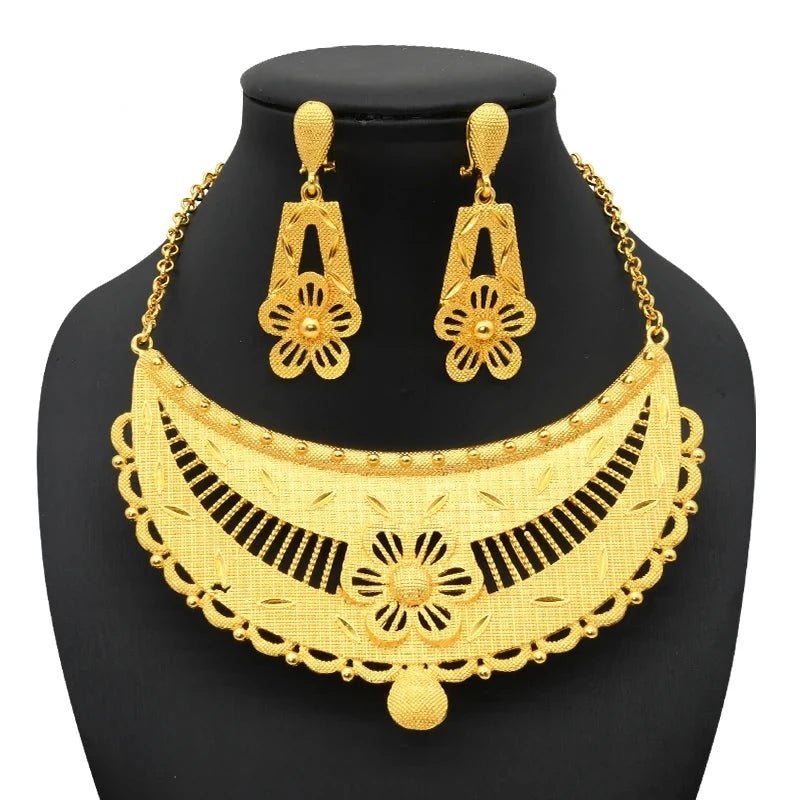 Gold-Plated Jewelry Set: Exquisite 24K Gold-Colored Necklace and Earrings for African Bridal Wear at Nigerian Wedding