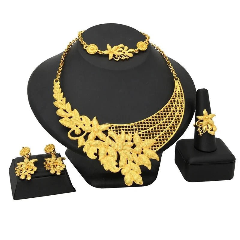 Gold-Plated Jewelry Set: Exquisite 24K Gold-Colored Necklace and Earrings for African Bridal Wear at Nigerian Wedding