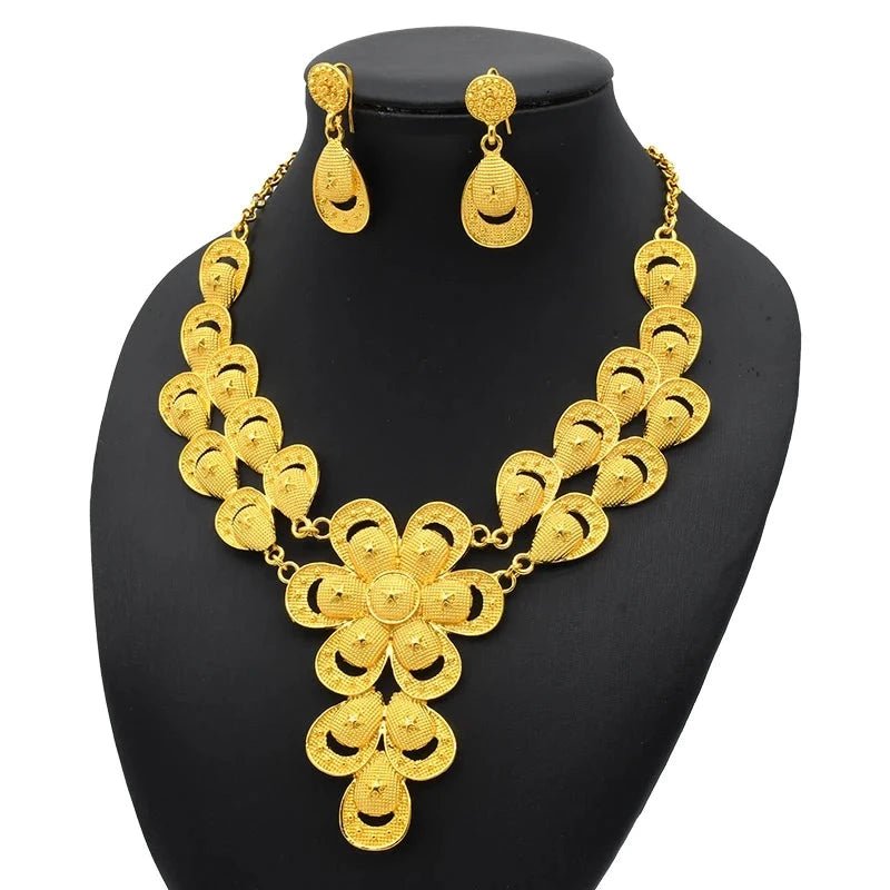 Gold-Plated Jewelry Set: Exquisite 24K Gold-Colored Necklace and Earrings for African Bridal Wear at Nigerian Wedding