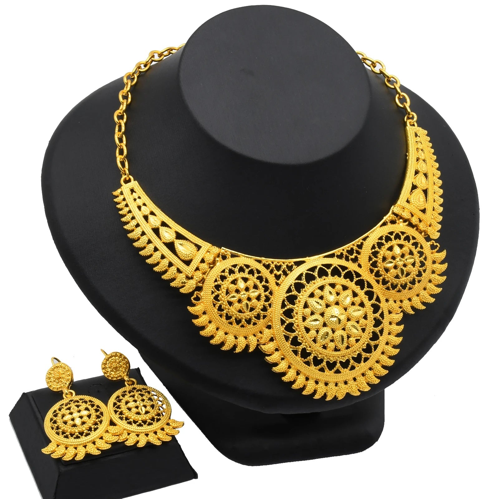 Gold-Plated Jewelry Set: Exquisite 24K Gold-Colored Necklace and Earrings for African Bridal Wear at Nigerian Wedding