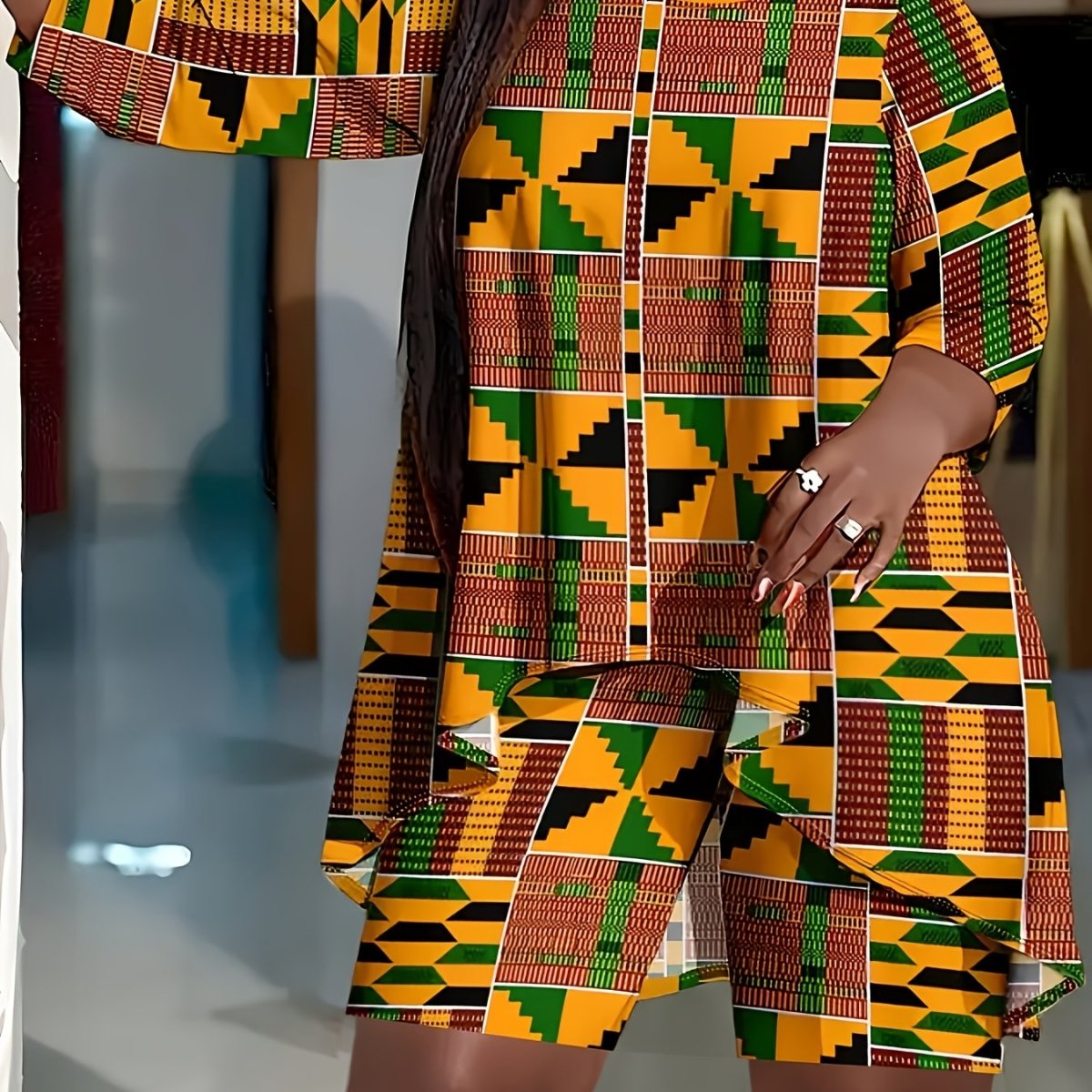 Large Size Fashion African Print Three Quarter Sleeve Shorts Set, Ankara Style, Same Style, African Tribal Style
