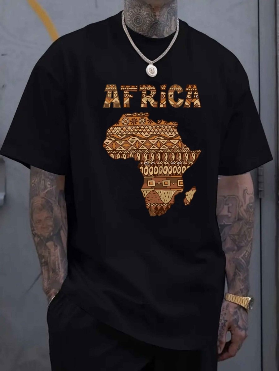 Large Size Men's Casual T-Shirt - Polyester Knit Fabric, Slightly Stretchy Loose Fit Short Sleeve, Africa Graphic Print