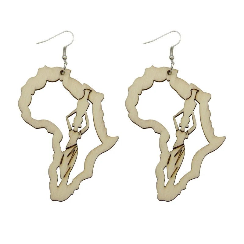 Laser Engraved Afro Wooden Drop Earrings African Motherland Map Ethnic Tribal Pattern Handmade Jewelry - Flexi Africa