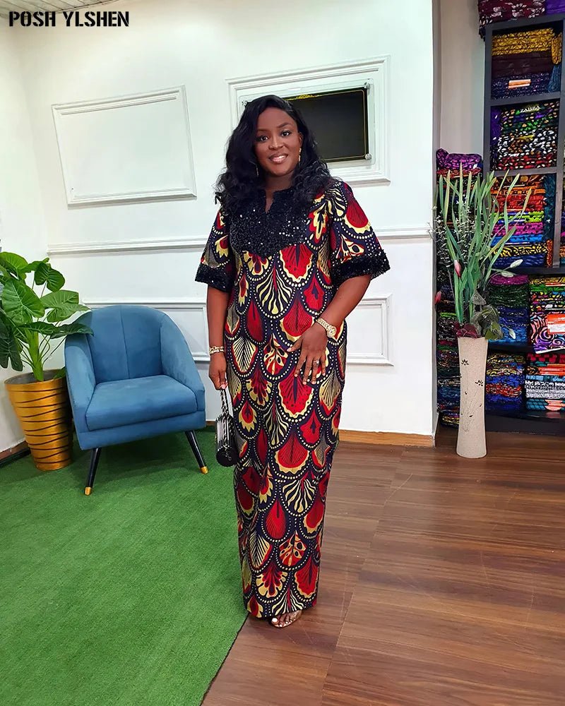 Buy Luxury African Long Gown – Sequin Embellished Caftan Dress with Floral Print and Slit for only $61.49 at Flexi Africa!