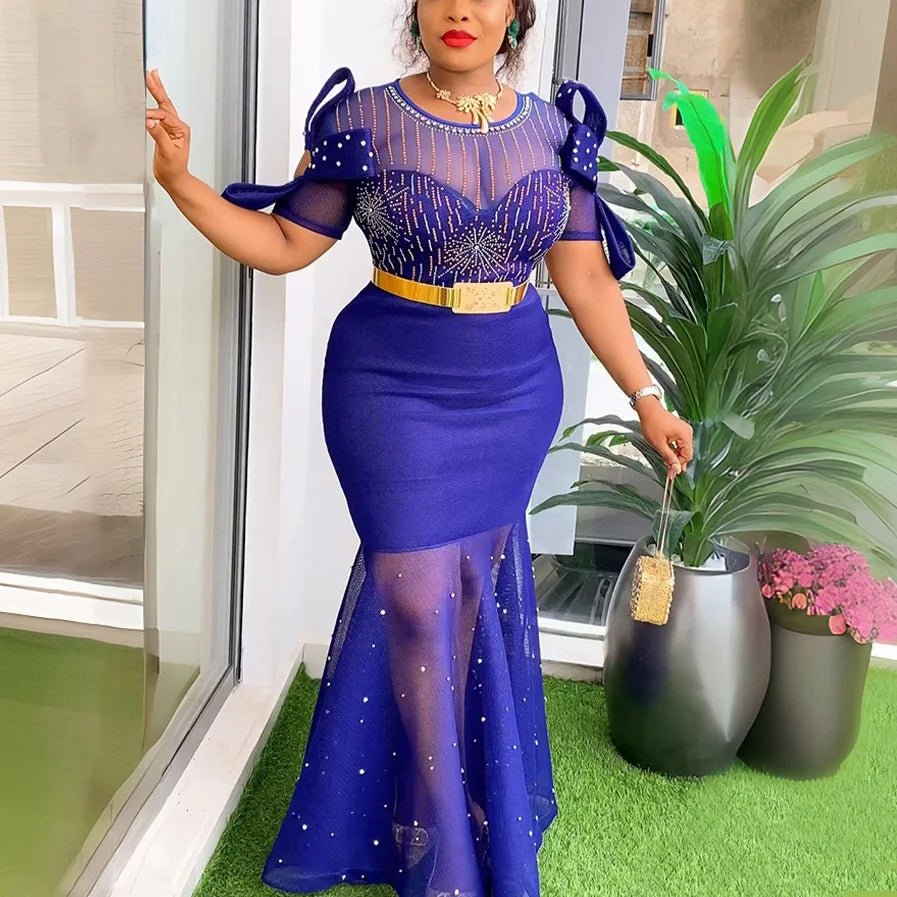 Luxury African Party Dress for Women: Elegant Diamond Cold Shoulder, Transparent Belt, Waisted Mermaid Floor - Length Dinner Night Gown - Free Delivery Worldwide only at Flexi Africa