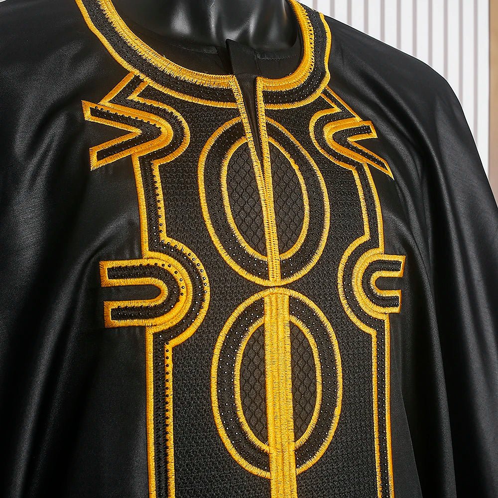 Men’s African Traditional 3PC Embroidered Set – Black & Red Bazin Shirt, Pants, and Robe - Free Delivery Worldwide
