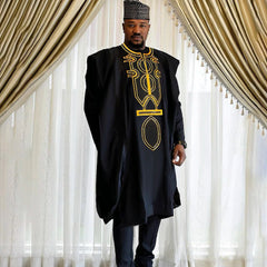 Men’s African Traditional 3PC Embroidered Set – Black & Red Bazin Shirt, Pants, and Robe - Free Delivery Worldwide