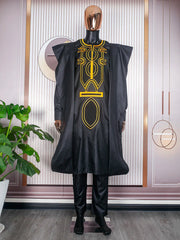 Men’s African Traditional 3PC Embroidered Set – Black & Red Bazin Shirt, Pants, and Robe - Free Delivery Worldwide