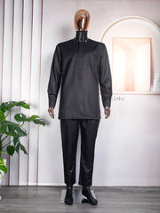 Men’s African Traditional 3PC Embroidered Set – Black & Red Bazin Shirt, Pants, and Robe - Free Delivery Worldwide