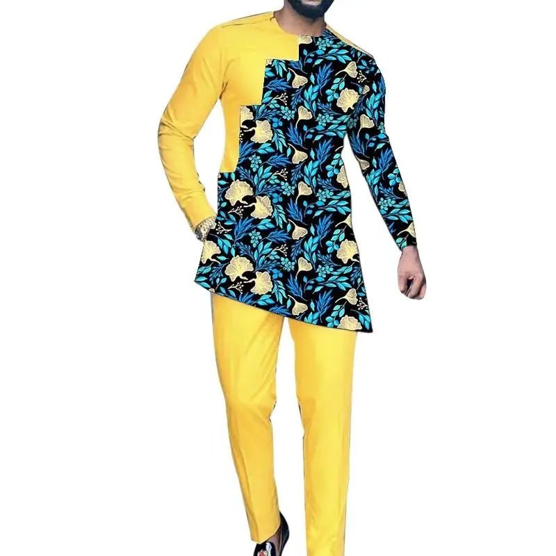 Men’s Bright African Patchwork Outfit – Yellow Pants with Tailored Top, Nigerian Wedding Attire - Free Delivery Worldwide only at Flexi Africa