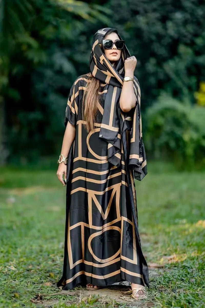 Oversized African Dashiki Abaya for Women – Print Design with Matching Scarf, Loose - Fit Long Dress - Free Delivery Worldwide only at Flexi Africa