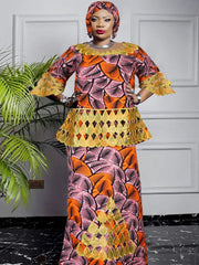 Plus Size African Dashiki Print Dress for Women - Traditional Wax Print 2PC Set - Free Delivery Worldwide only at Flexi Africa