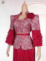 Plus Size African Wedding Outfit – Red Lace Top & Elegant Pleated Maxi Skirt Set - Free Delivery Worldwide only at Flexi Africa