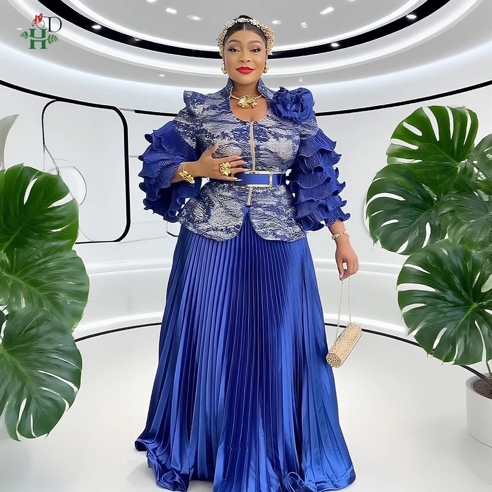 Plus Size African Wedding Outfit – Red Lace Top & Elegant Pleated Maxi Skirt Set - Free Delivery Worldwide only at Flexi Africa