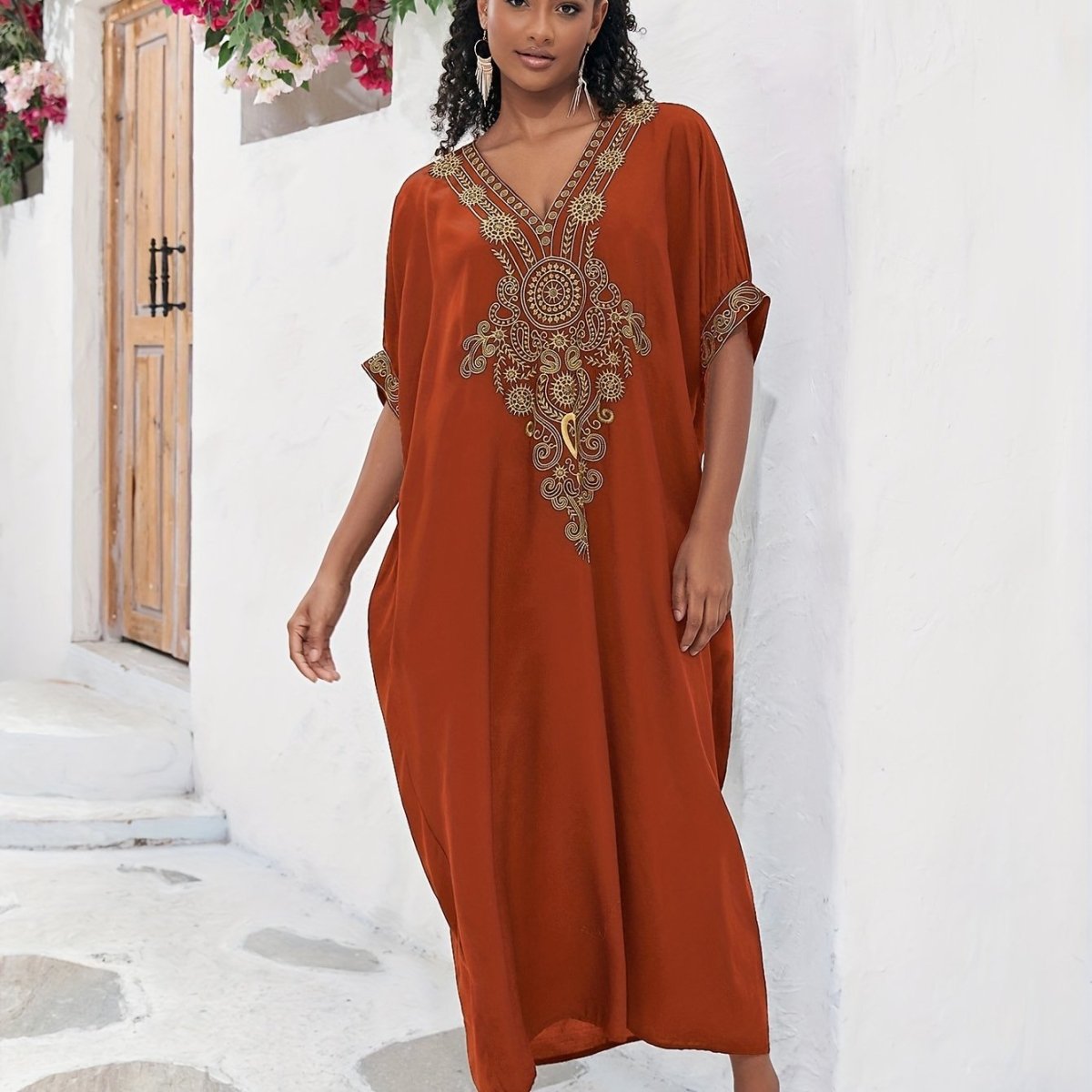 Plus Size Boho Maxi Dress for Ramadan, Women's V Neck Geometric Print Kaftan with Batwing Sleeves - Free Delivery Worldwide