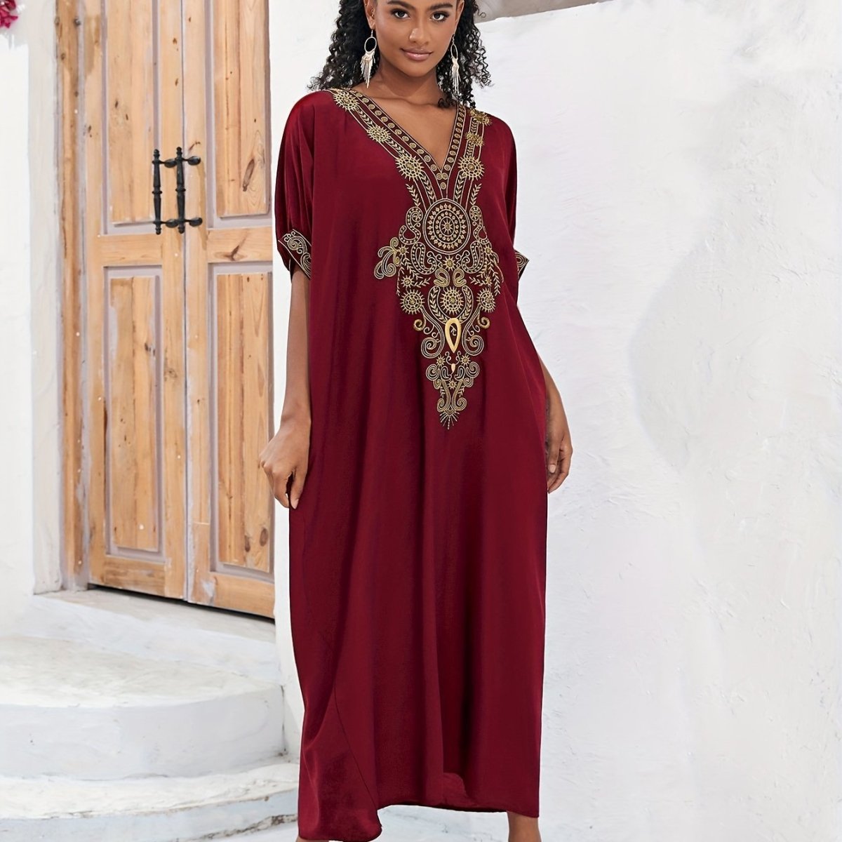 Plus Size Boho Maxi Dress for Ramadan, Women's V Neck Geometric Print Kaftan with Batwing Sleeves - Free Delivery Worldwide