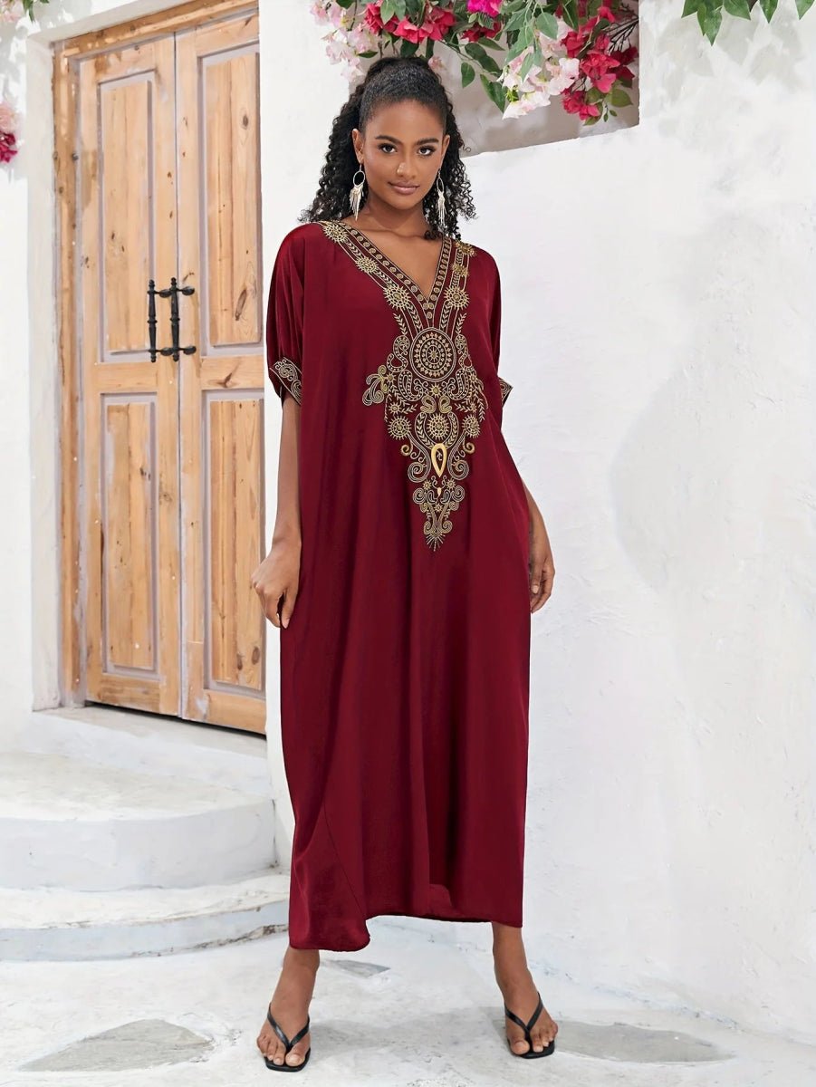 Plus Size Boho Maxi Dress for Ramadan, Women's V Neck Geometric Print Kaftan with Batwing Sleeves - Free Delivery Worldwide