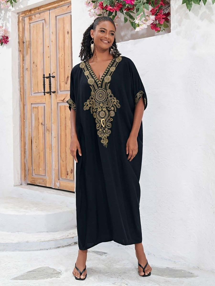 Plus Size Boho Maxi Dress for Ramadan, Women's V Neck Geometric Print Kaftan with Batwing Sleeves - Free Delivery Worldwide