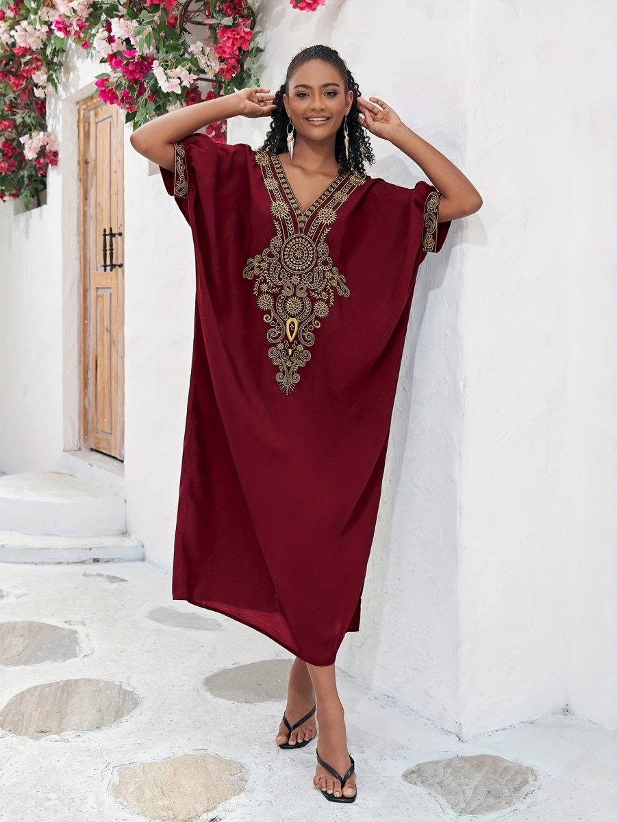 Plus Size Boho Maxi Dress for Ramadan, Women's V Neck Geometric Print Kaftan with Batwing Sleeves - Free Delivery Worldwide