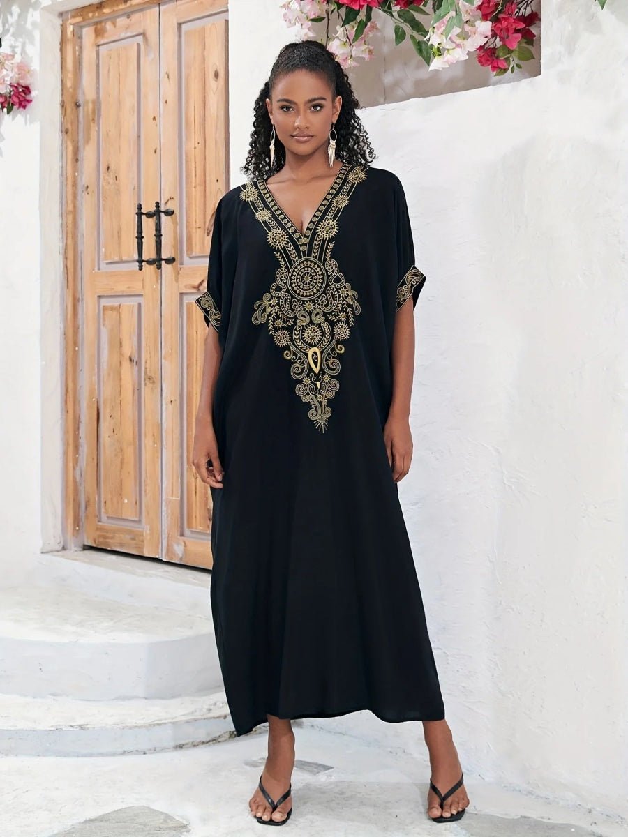 Plus Size Boho Maxi Dress for Ramadan, Women's V Neck Geometric Print Kaftan with Batwing Sleeves - Free Delivery Worldwide