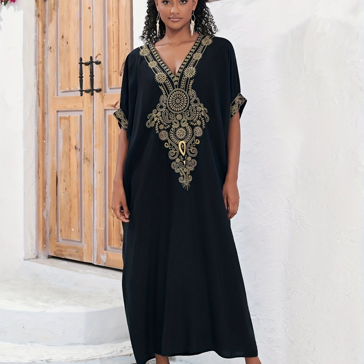 Plus Size Boho Maxi Dress for Ramadan, Women's V Neck Geometric Print Kaftan with Batwing Sleeves - Free Delivery Worldwide