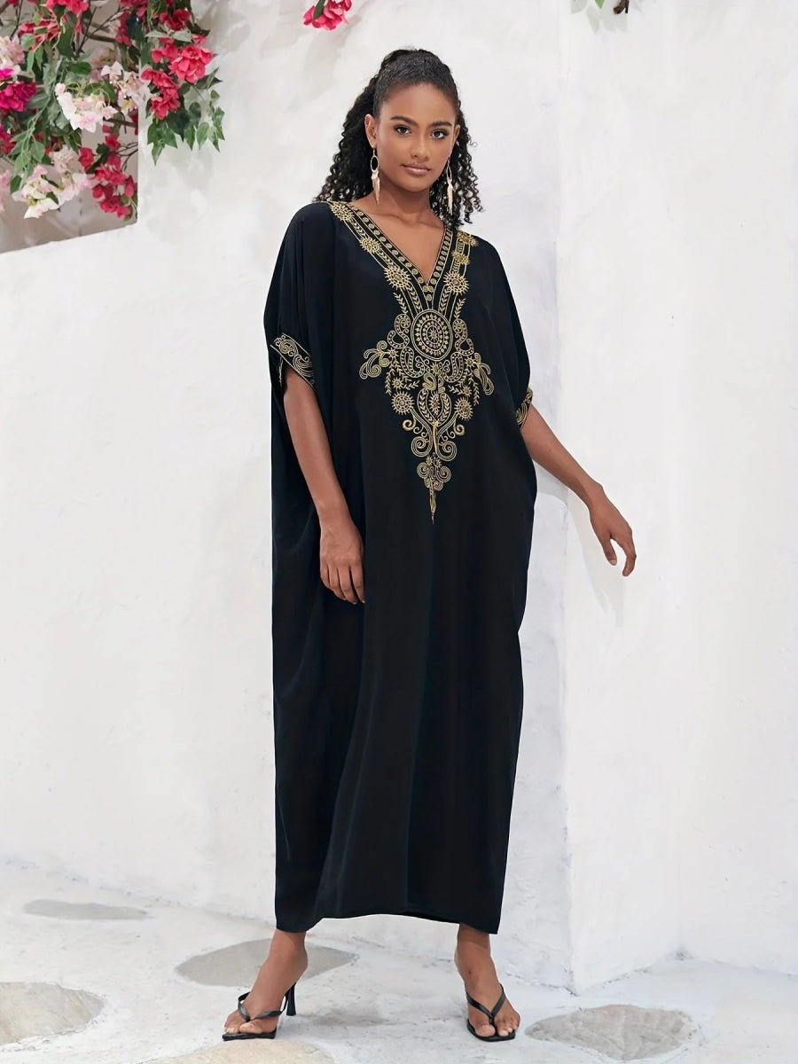 Plus Size Boho Maxi Dress for Ramadan, Women's V Neck Geometric Print Kaftan with Batwing Sleeves - Free Delivery Worldwide