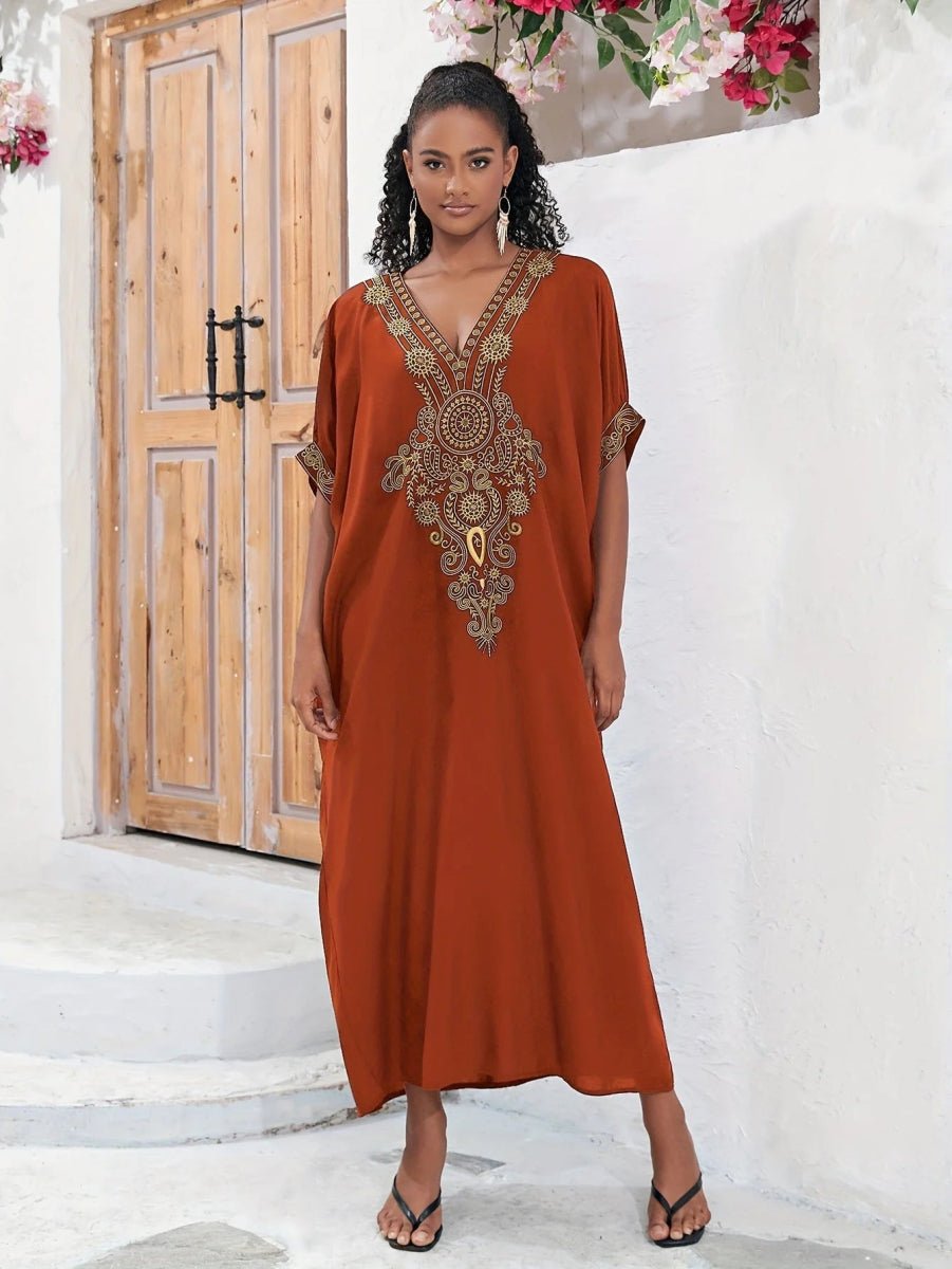 Plus Size Boho Maxi Dress for Ramadan, Women's V Neck Geometric Print Kaftan with Batwing Sleeves - Free Delivery Worldwide