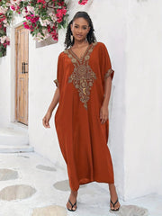 Plus Size Boho Maxi Dress for Ramadan, Women's V Neck Geometric Print Kaftan with Batwing Sleeves - Free Delivery Worldwide